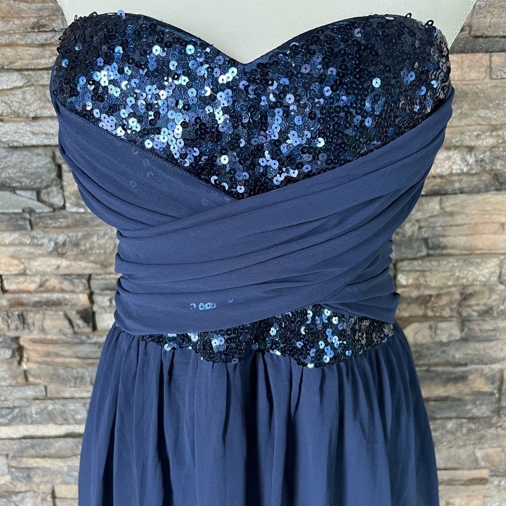 Navy Blue Sequin Strapless Prom Gown - Picture 4 of 4